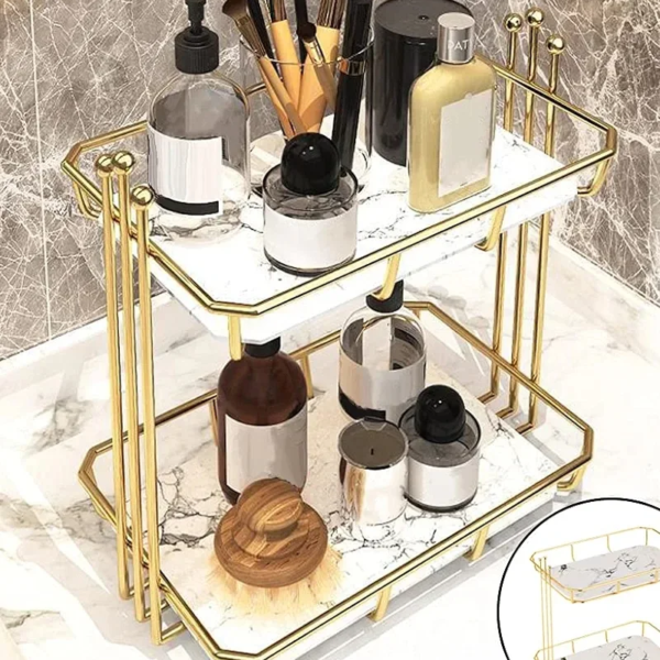 Cosmetic storage transparent makeup organizer 2 tier glass trays.