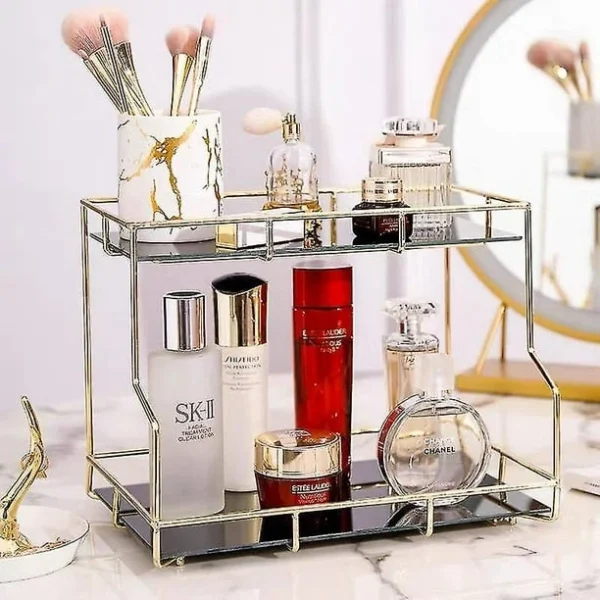 Cosmetic storage transparent makeup organizer 2 tier glass trays.